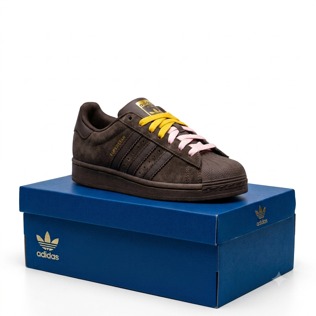Baskets Adidas Superstar Suede – Marron / Jaune & Rose
